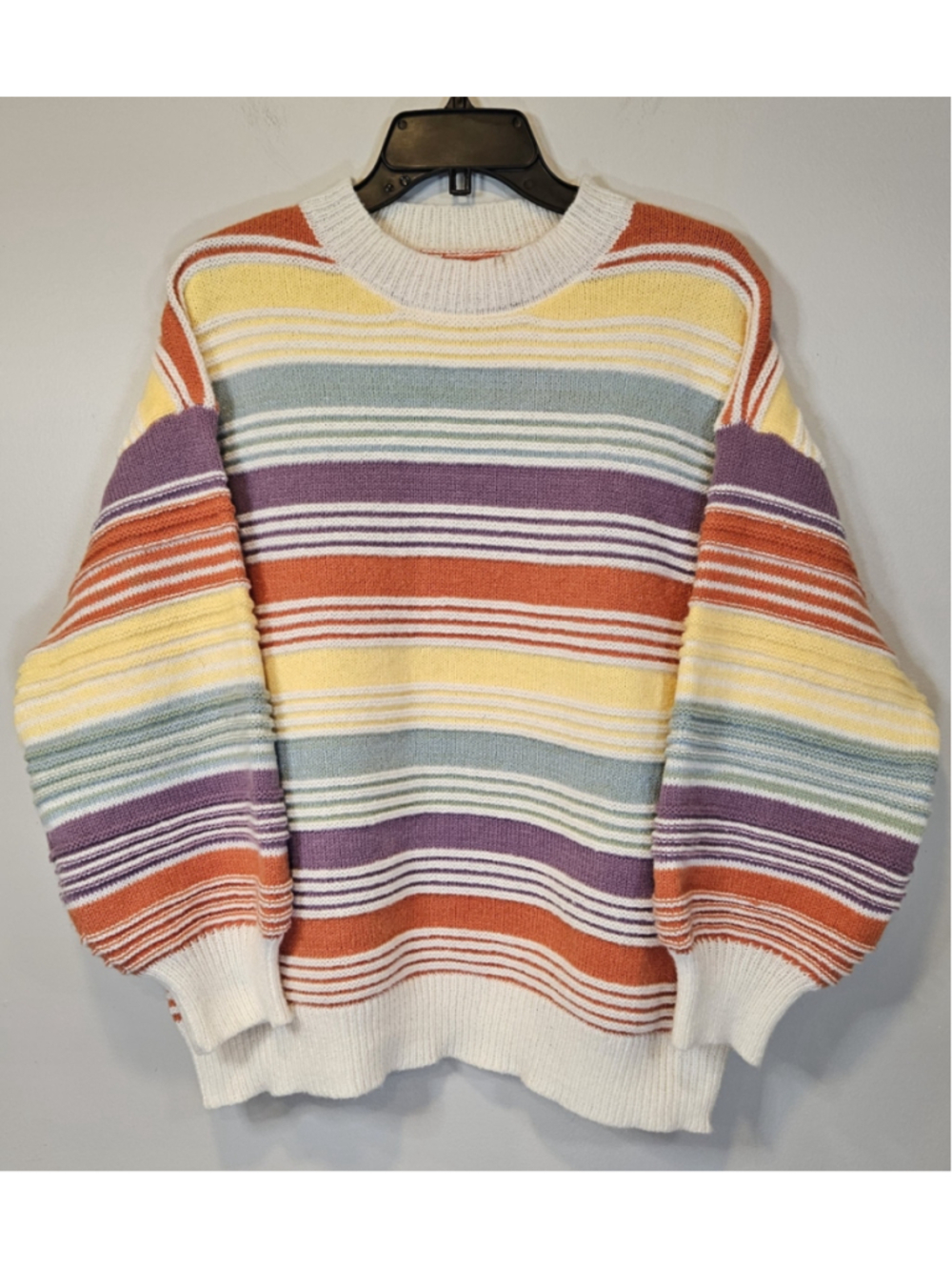Multicolor Striped Oversized Sweater Balloon Sleeve Boho Retro Knit